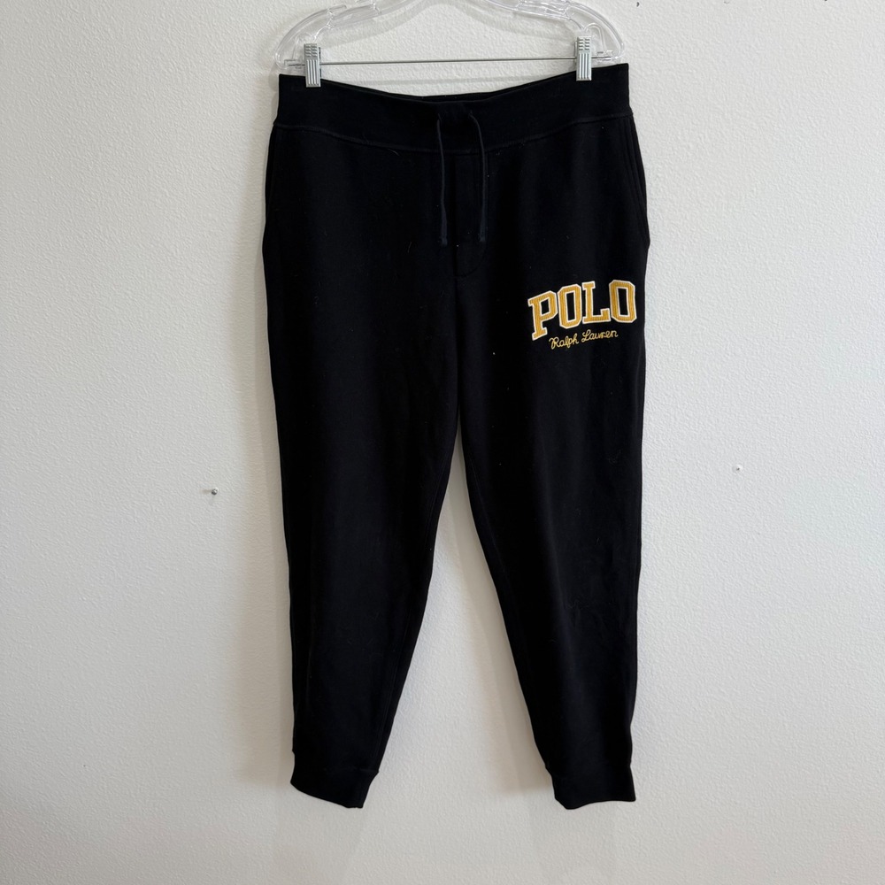 Polo Ralph Lauren Mens Black Fleece Joggers Collegiate Logo Sweatpants Large